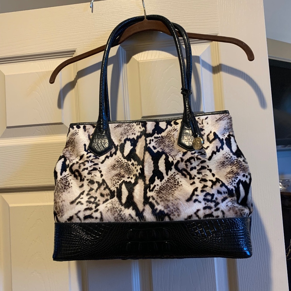 Brahmin Black/Tan Croc Embossed Leather/Ponyhair Satchel Handbag